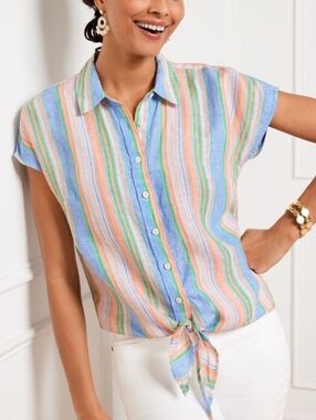 Talbots Multicolor Striped Tie-Hem Button Front Down Top Sz Small